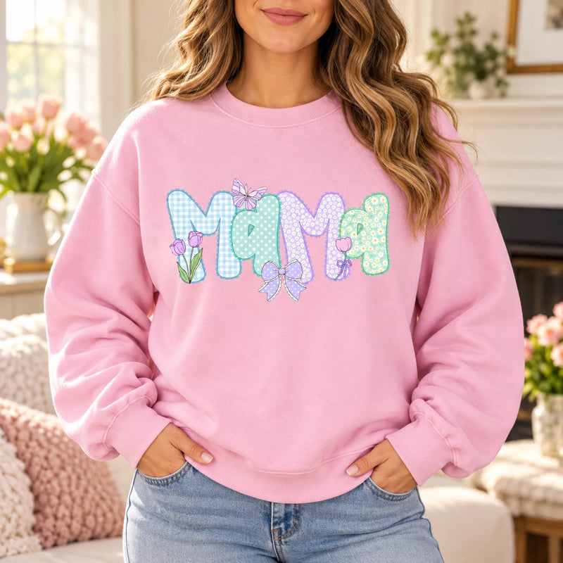 Personalized Grandma Sweatshirt, Custom Mama Grammy Granny Auntie, Pastel Coquette Gingham Floral Bow Design, Mother's Day Gift