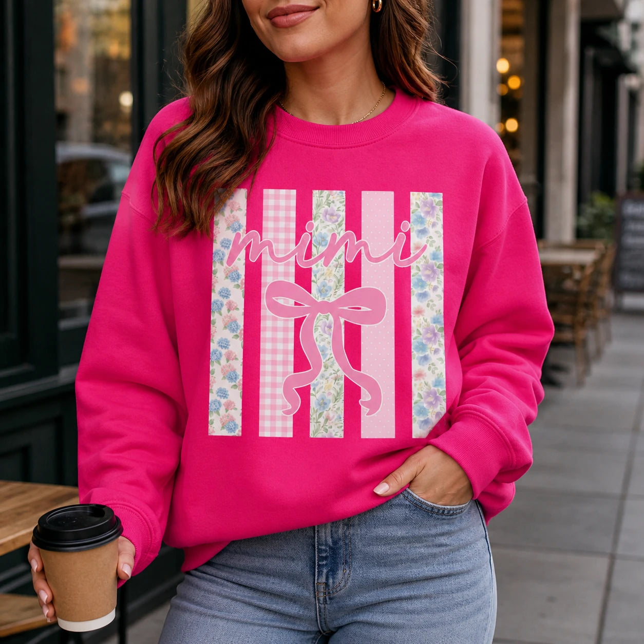 Personalized Grandma Sweatshirt, Custom Mimi Gigi Nana Mama Family Name, Mother's Day Grandma Gift for Women, Coquette Floral Bow Pink