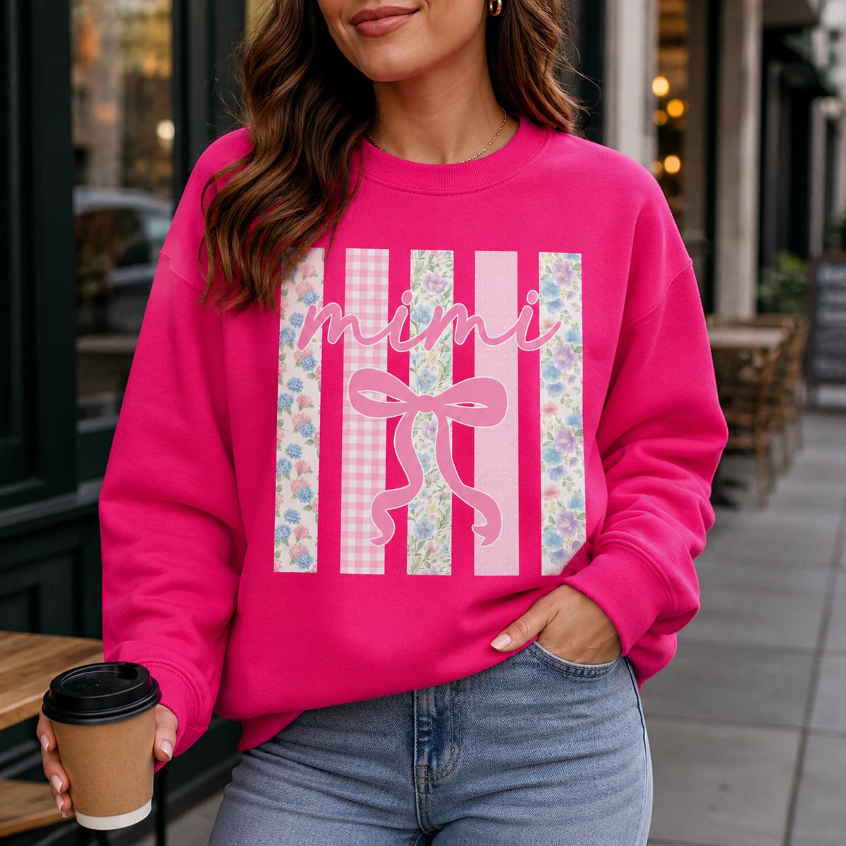 Personalized Grandma Sweatshirt, Custom Mimi Gigi Nana Mama Family Name, Mother's Day Grandma Gift for Women, Coquette Floral Bow Pink