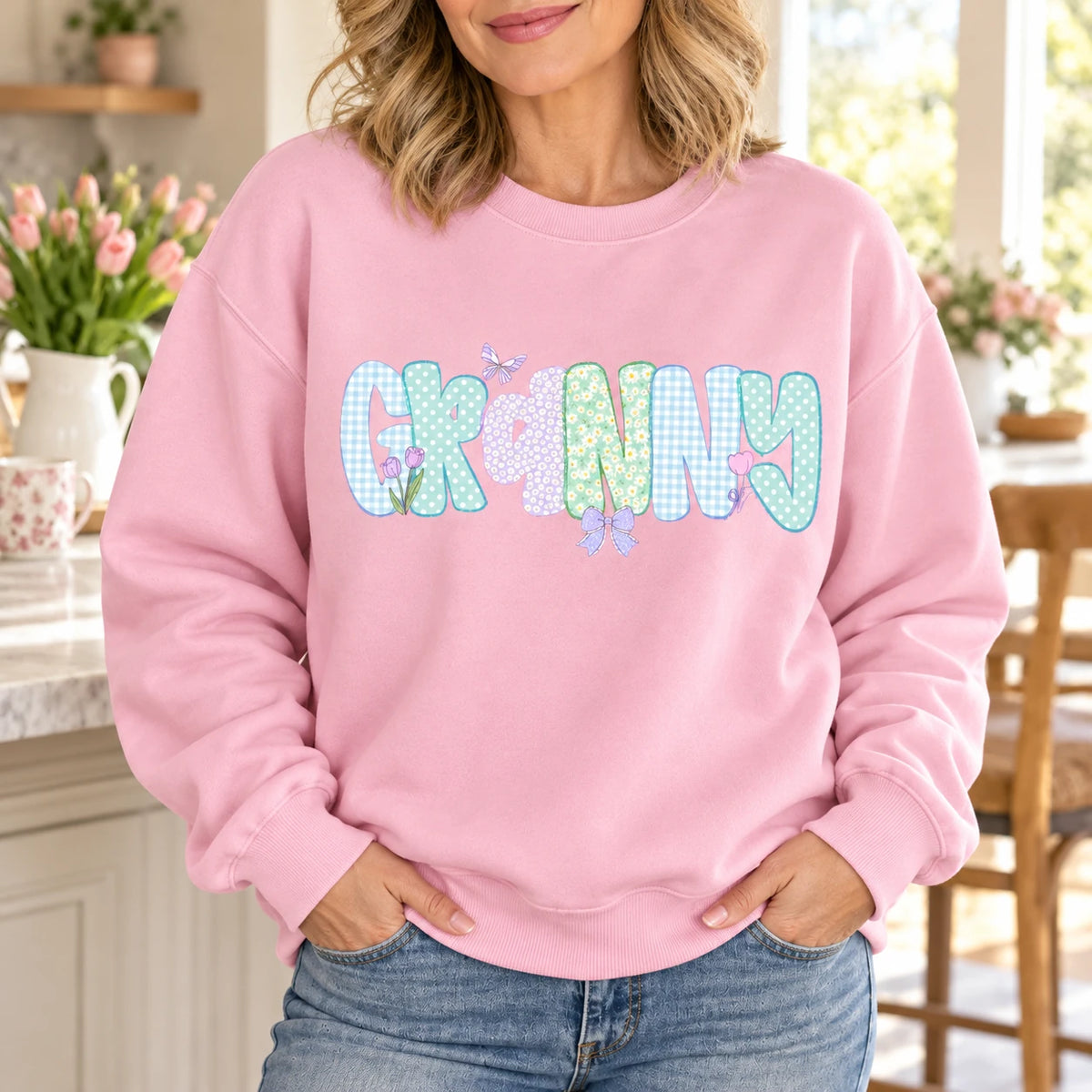 Personalized Grandma Sweatshirt, Custom Mama Grammy Granny Auntie, Pastel Coquette Gingham Floral Bow Design, Mother's Day Gift