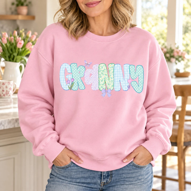 Personalized Grandma Sweatshirt, Custom Mama Grammy Granny Auntie, Pastel Coquette Gingham Floral Bow Design, Mother's Day Gift