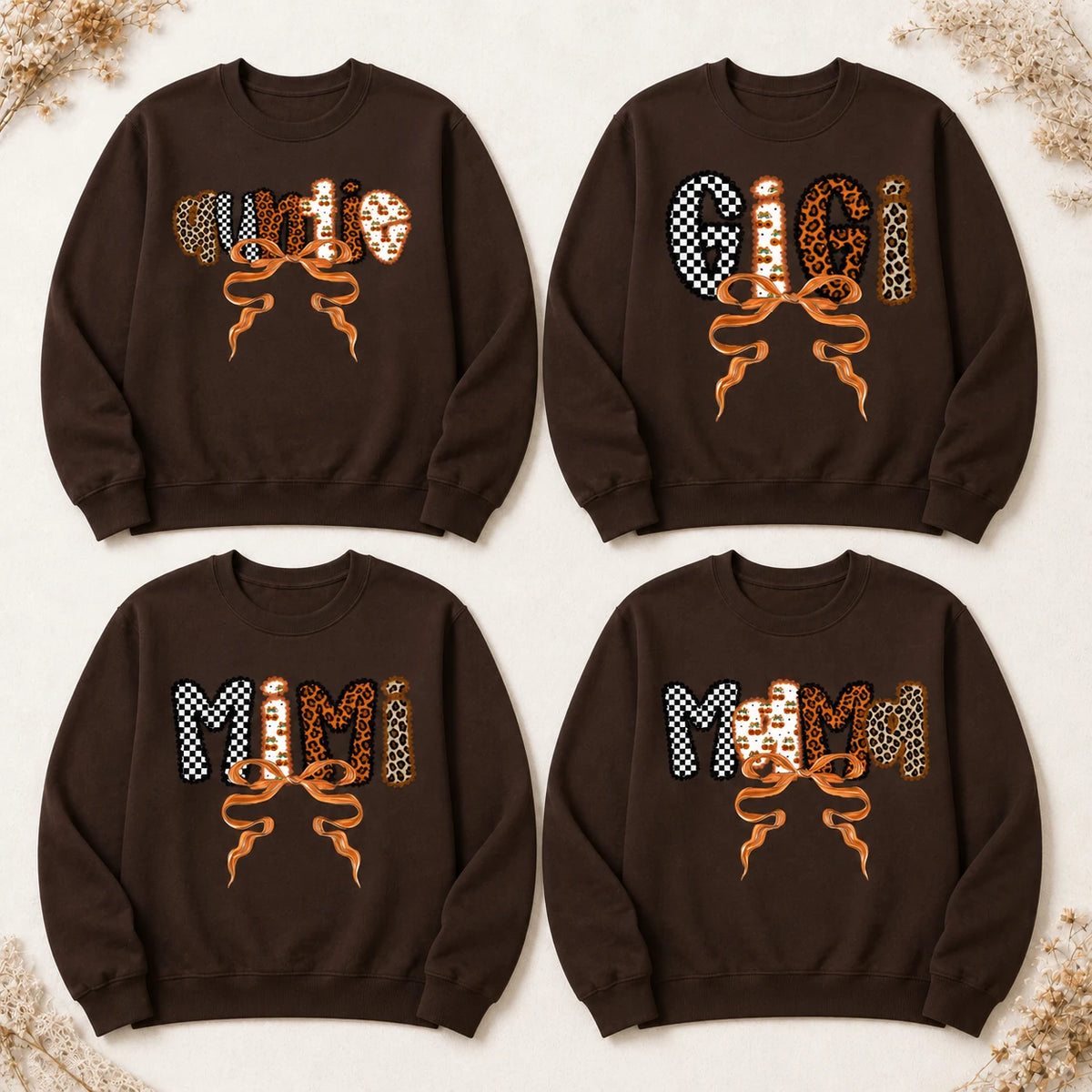 Personalized Grandma Sweatshirt Custom Mama Mimi Gigi Nana Auntie Leopard Bow Family Title Gift