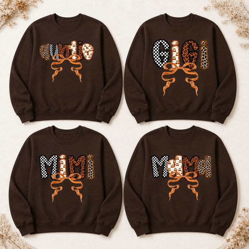 Personalized Grandma Sweatshirt Custom Mama Mimi Gigi Nana Auntie Leopard Bow Family Title Gift