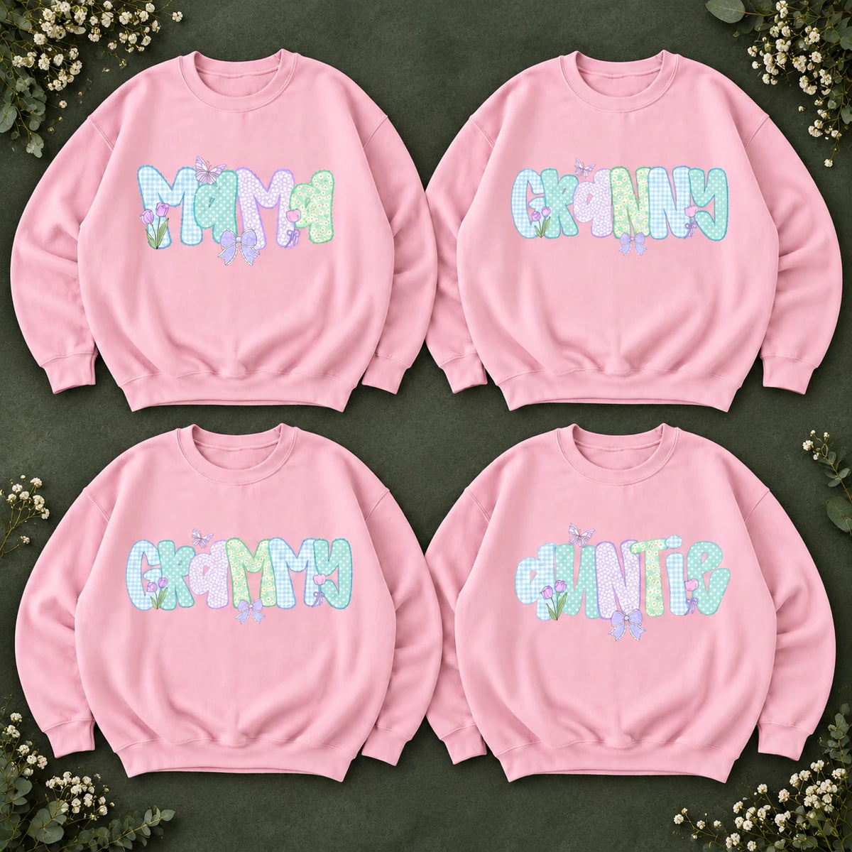 Personalized Grandma Sweatshirt, Custom Mama Grammy Granny Auntie, Pastel Coquette Gingham Floral Bow Design, Mother's Day Gift