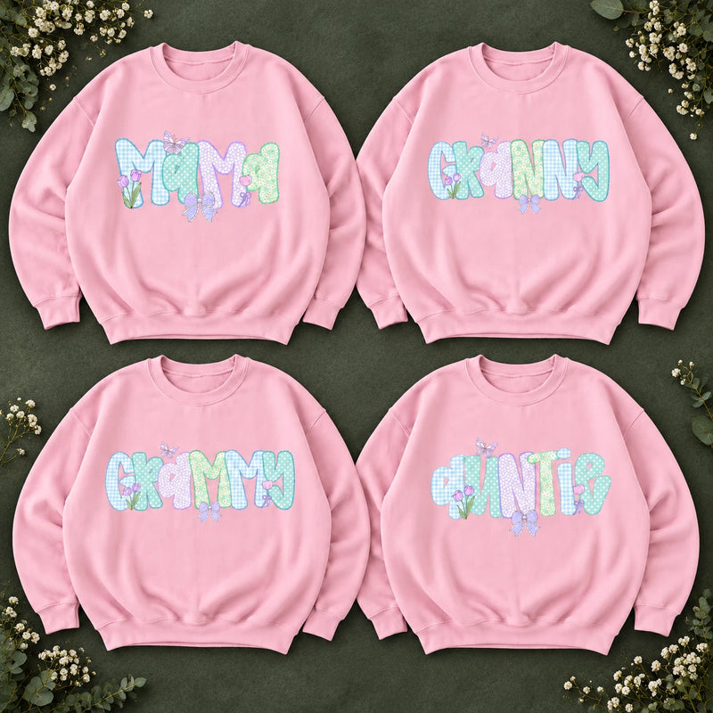 Personalized Grandma Sweatshirt, Custom Mama Grammy Granny Auntie, Pastel Coquette Gingham Floral Bow Design, Mother's Day Gift