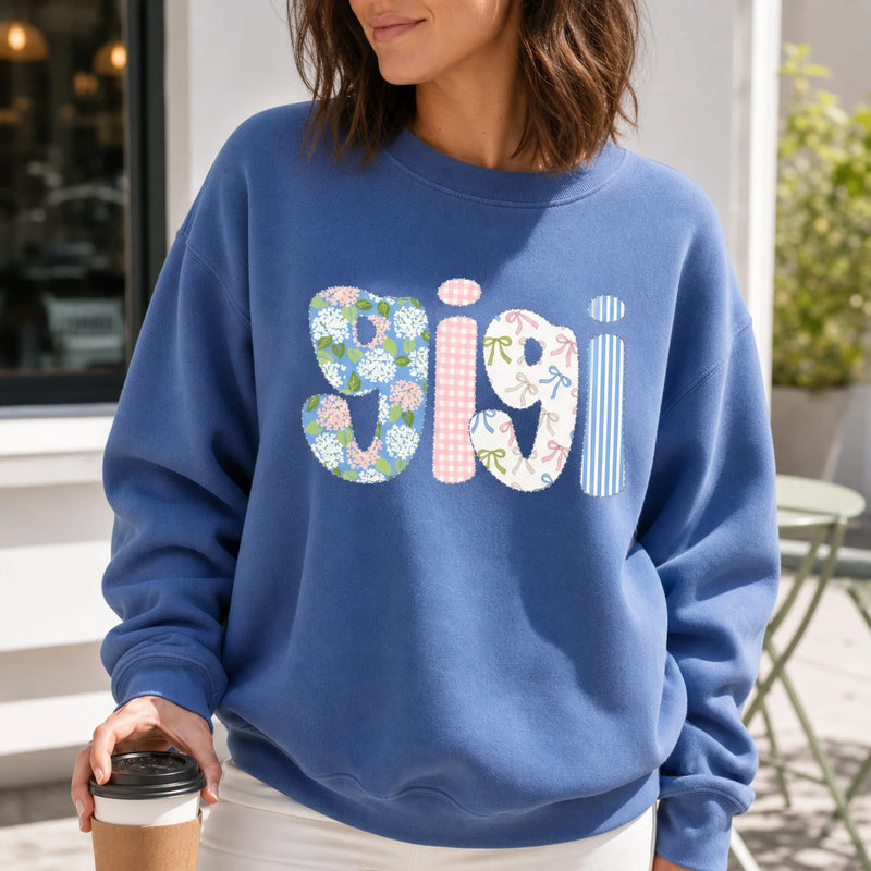 Personalized Grandma Sweatshirt Custom Nickname Mimi Gigi Mama Patchwork Applique Mother's Day Grandma Gift Women Floral Cottage Style