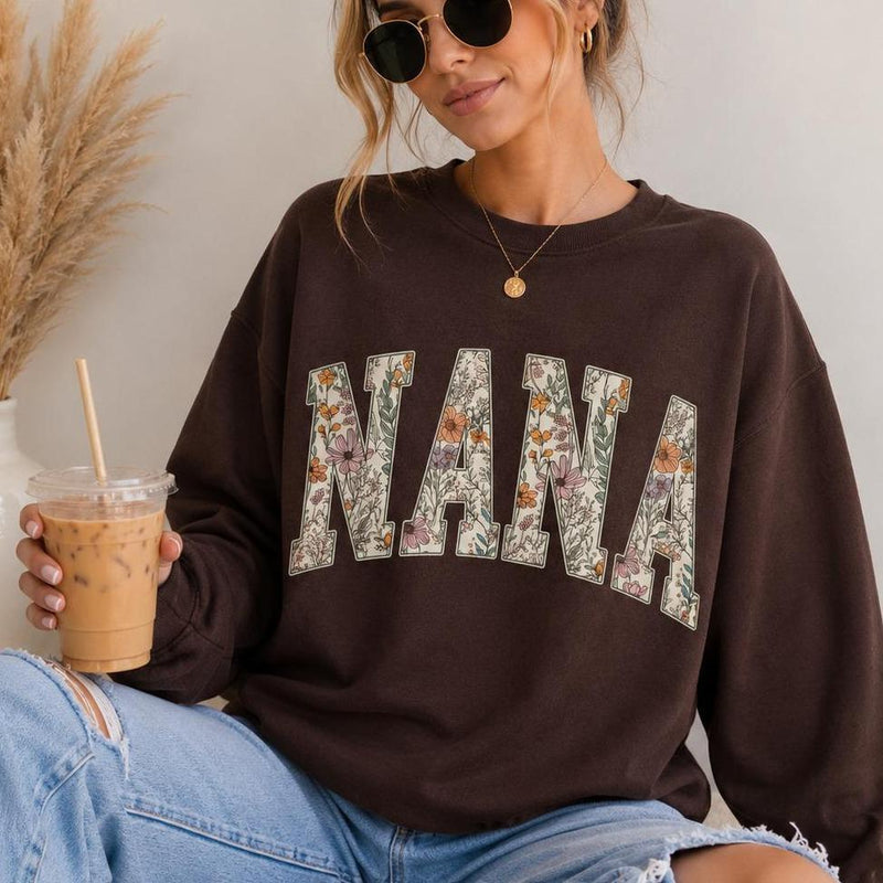 Personalized Grandma Sweatshirt, Floral Grandma Nana Mimi Gigi Auntie Mama Custom Name, Grandparent Christmas Gift for Women, Vintage Floral Varsity Style