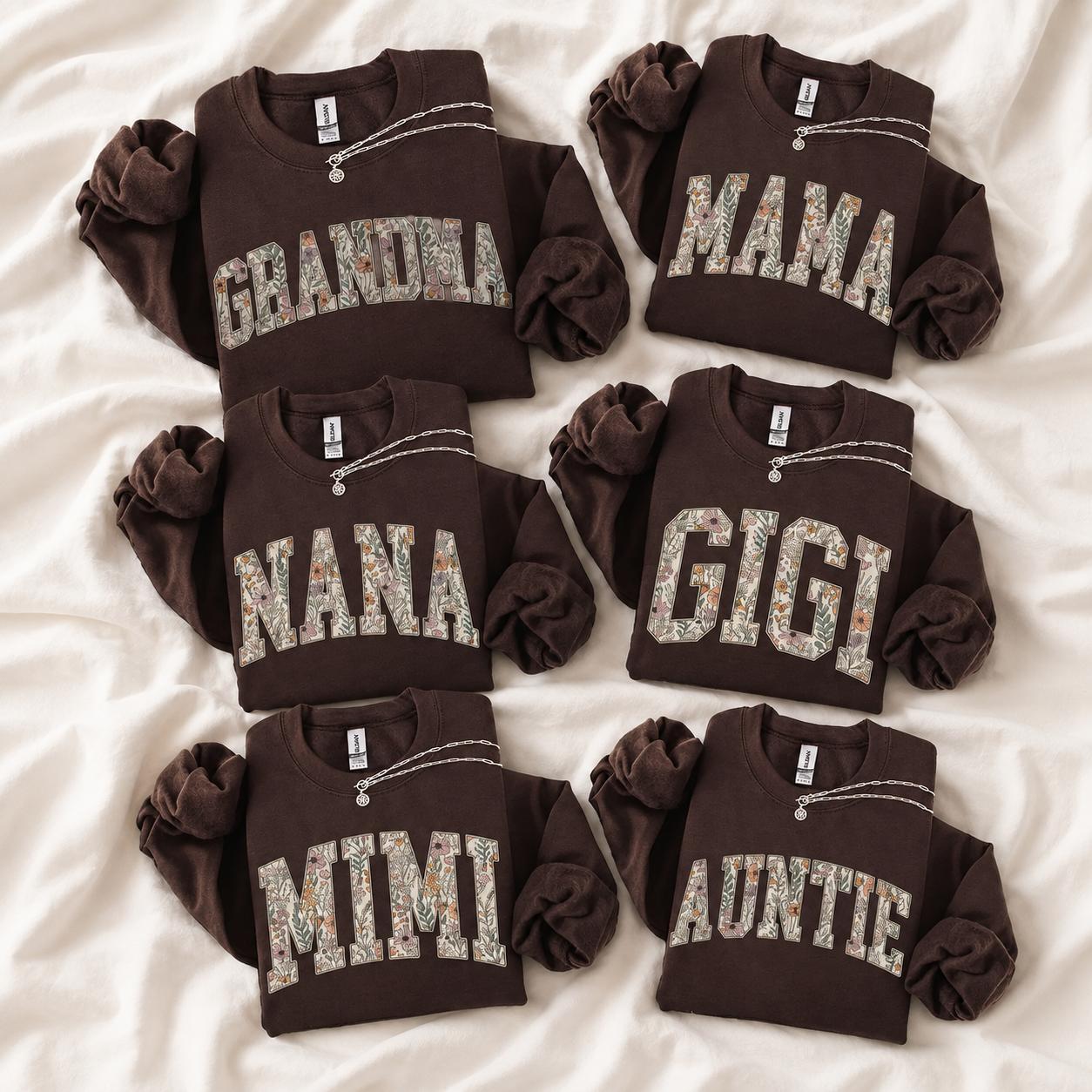 Personalized Grandma Sweatshirt, Floral Grandma Nana Mimi Gigi Auntie Mama Custom Name, Grandparent Christmas Gift for Women, Vintage Floral Varsity Style