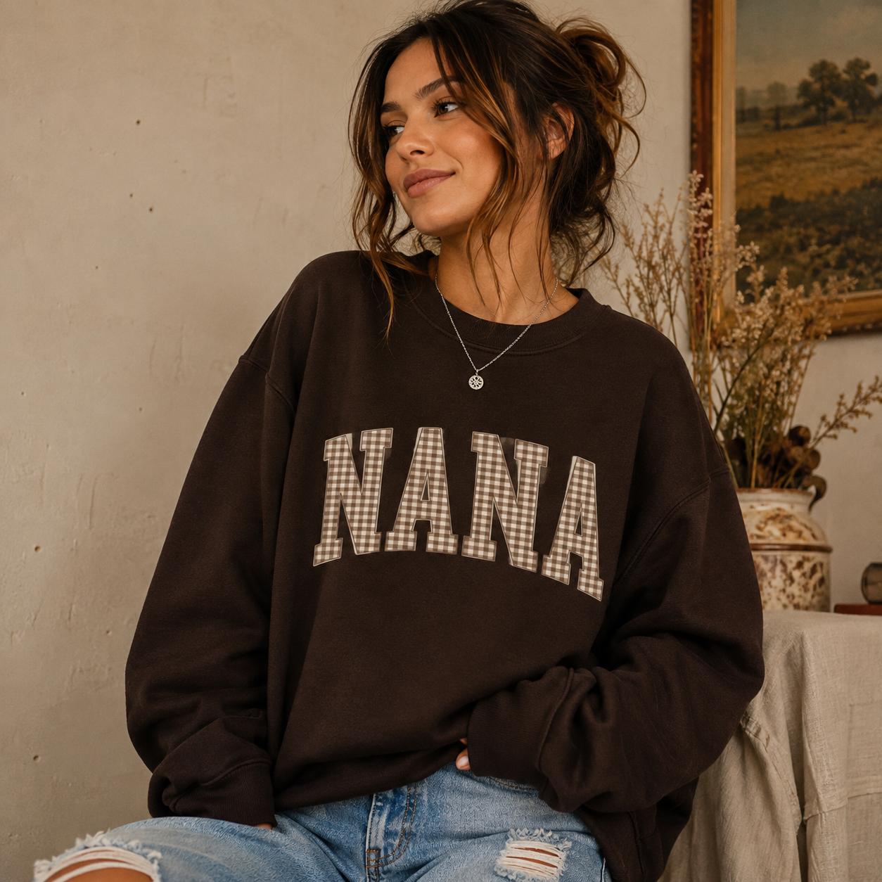 Personalized Grandma Sweatshirt Vintage Gingham Varsity