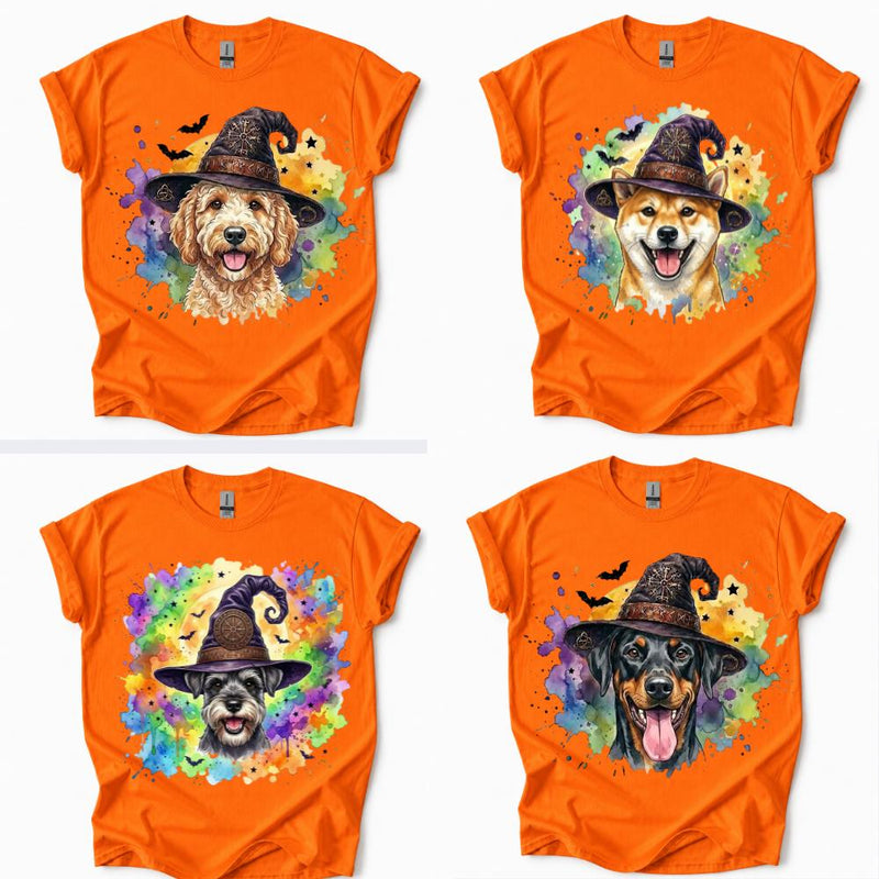 Personalized Halloween Dog Breed T-Shirt, Custom Choose Your Breed Witch Dog Graphic, Cute Spooky Dog Mom Pet Lover Gift