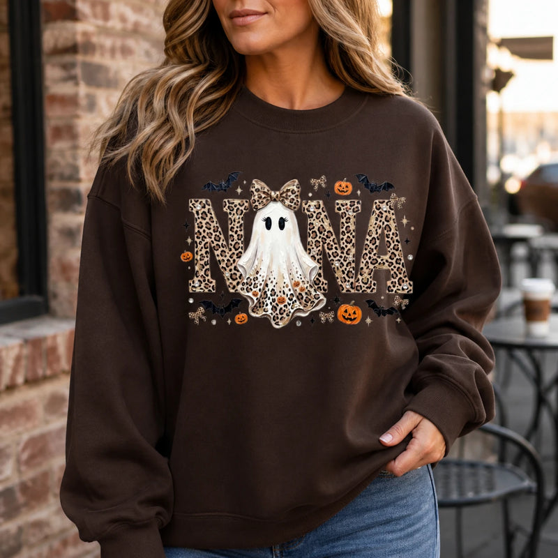 Personalized Halloween Leopard Ghost Sweatshirt, Custom Choose Your Grandma Mama Nickname, Cute Spooky Fall Mom Grandma Gift for Women
