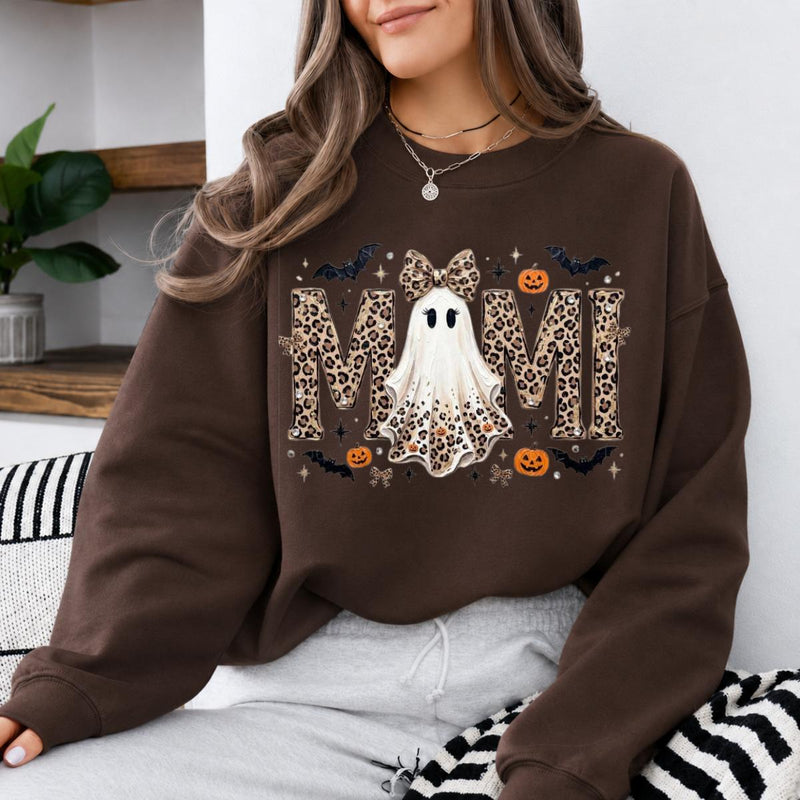 Personalized Halloween Leopard Ghost Sweatshirt, Custom Choose Your Grandma Mama Nickname, Cute Spooky Fall Mom Grandma Gift for Women