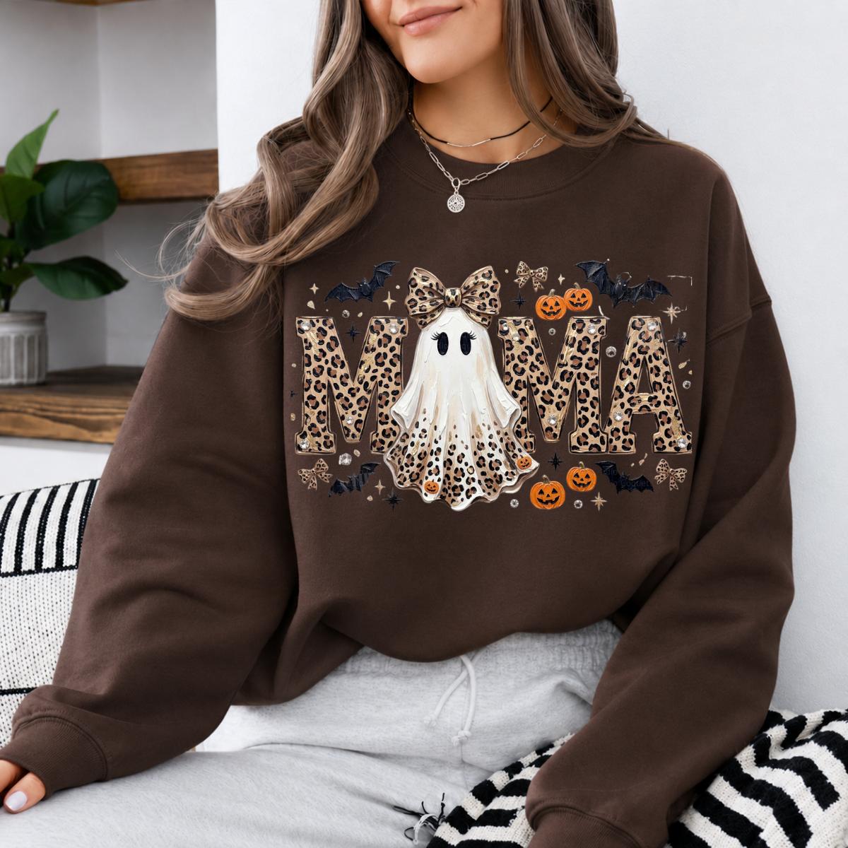 Personalized Halloween Leopard Ghost Sweatshirt, Custom Choose Your Grandma Mama Nickname, Cute Spooky Fall Mom Grandma Gift for Women