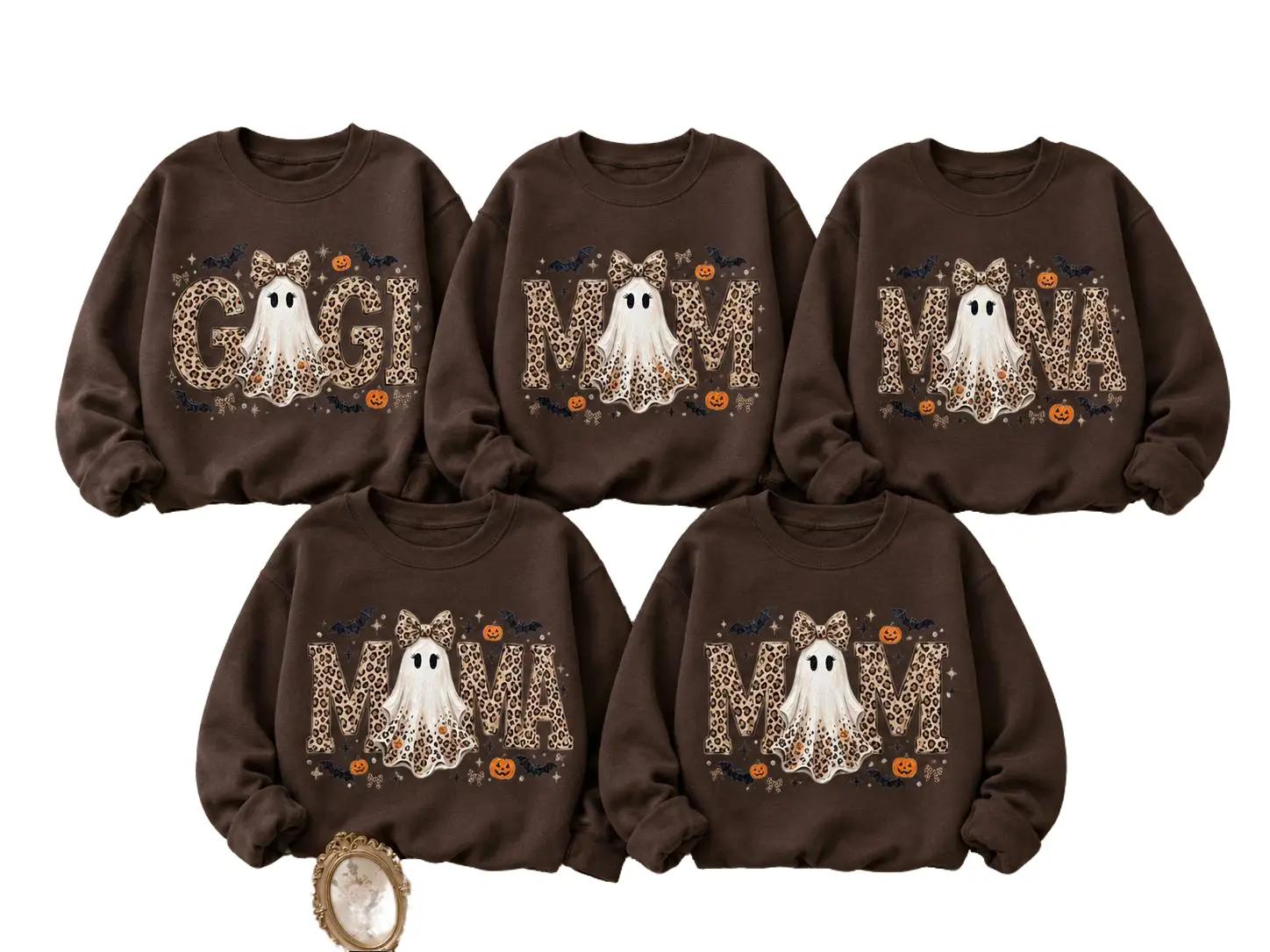 Personalized Halloween Leopard Ghost Sweatshirt, Custom Choose Your Grandma Mama Nickname, Cute Spooky Fall Mom Grandma Gift for Women