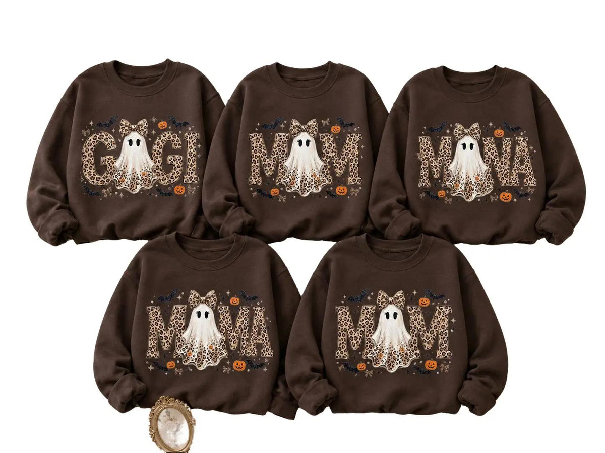 Personalized Halloween Leopard Ghost Sweatshirt, Custom Choose Your Grandma Mama Nickname, Cute Spooky Fall Mom Grandma Gift for Women