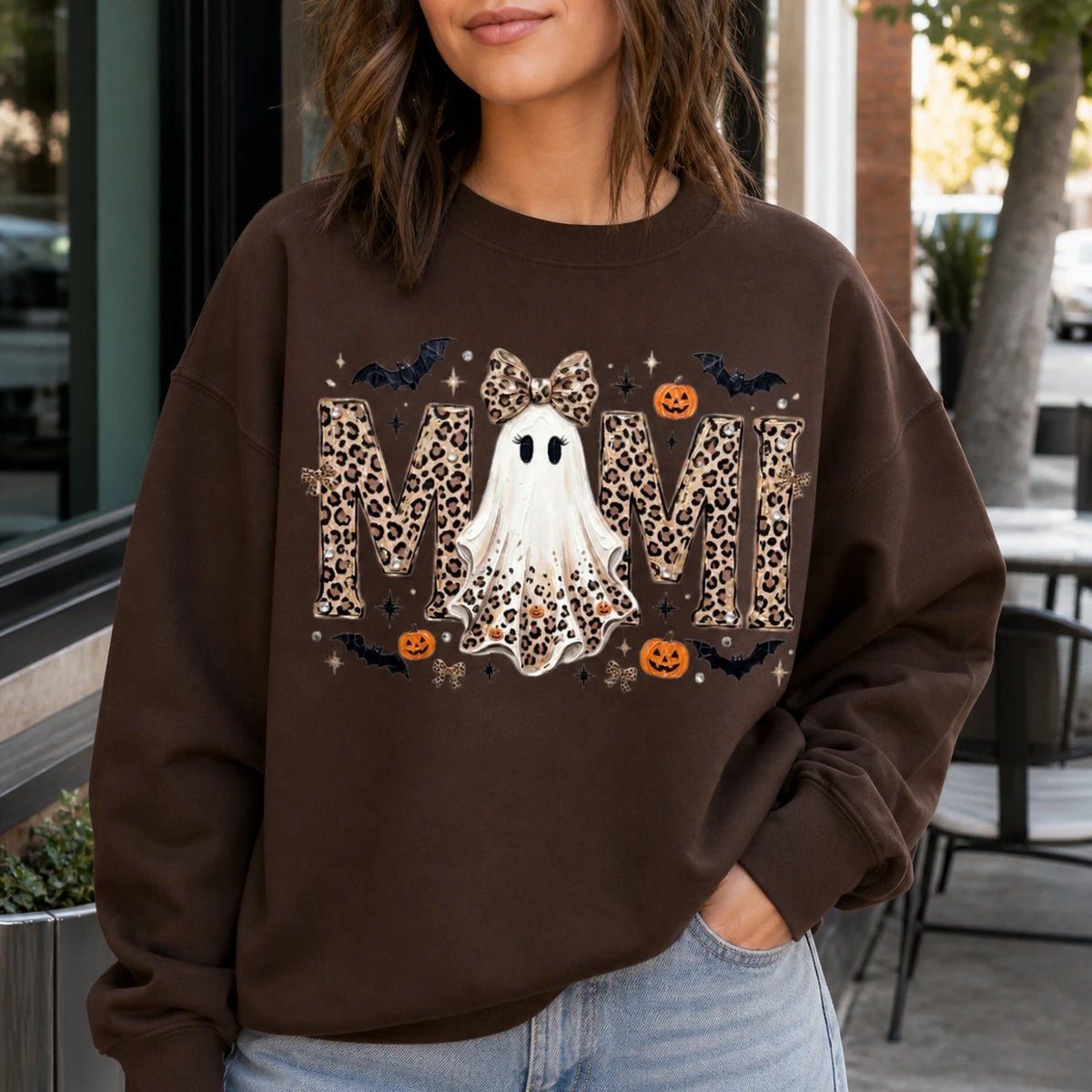 Personalized Halloween Leopard Ghost Sweatshirt, Custom Choose Your Grandma Mama Nickname, Cute Spooky Fall Mom Grandma Gift for Women