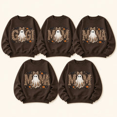 Personalized Halloween Leopard Ghost Sweatshirt, Custom Choose Your Grandma Mama Nickname, Cute Spooky Fall Mom Grandma Gift for Women