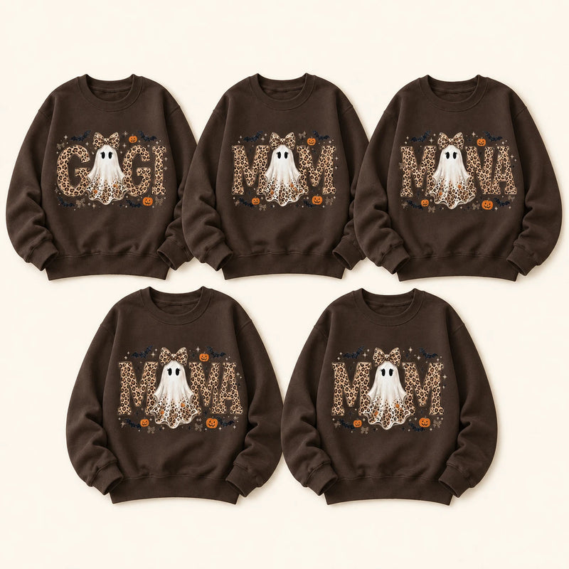 Personalized Halloween Leopard Ghost Sweatshirt, Custom Choose Your Grandma Mama Nickname, Cute Spooky Fall Mom Grandma Gift for Women