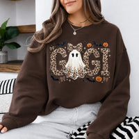 Personalized Halloween Leopard Ghost Sweatshirt, Custom Choose Your Grandma Mama Nickname, Cute Spooky Fall Mom Grandma Gift for Women