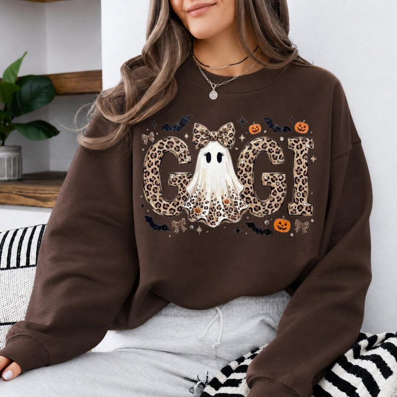 Personalized Halloween Leopard Ghost Sweatshirt, Custom Choose Your Grandma Mama Nickname, Cute Spooky Fall Mom Grandma Gift for Women
