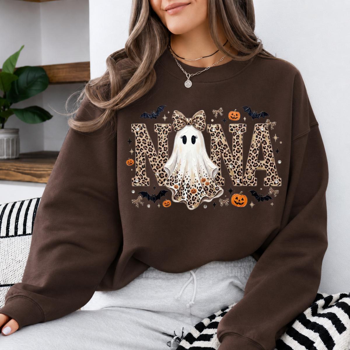 Personalized Halloween Leopard Ghost Sweatshirt, Custom Choose Your Grandma Mama Nickname, Cute Spooky Fall Mom Grandma Gift for Women