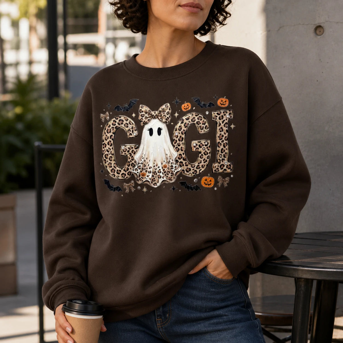 Personalized Halloween Leopard Ghost Sweatshirt, Custom Choose Your Grandma Mama Nickname, Cute Spooky Fall Mom Grandma Gift for Women
