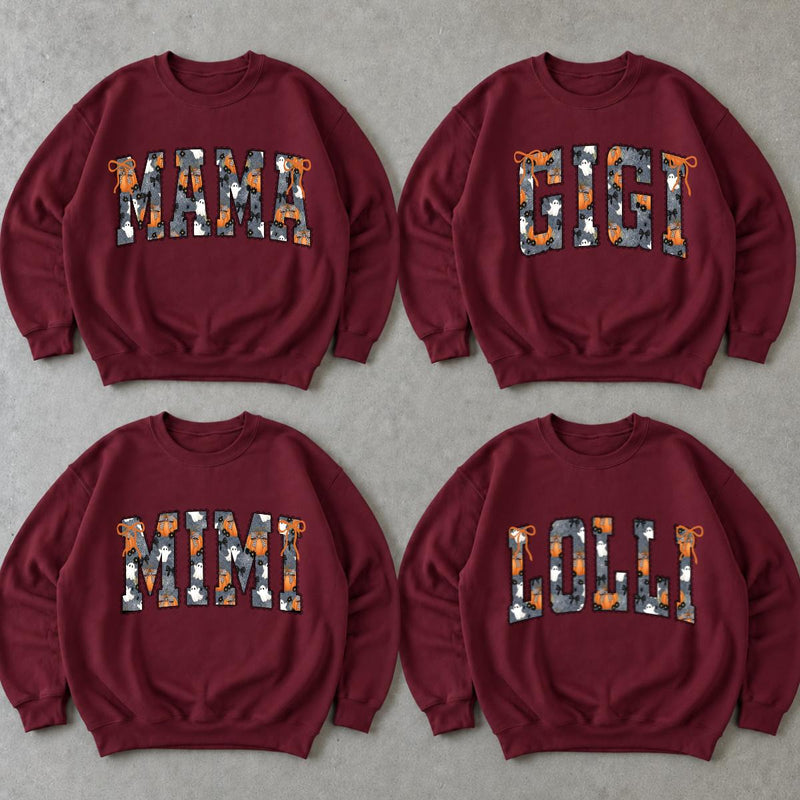 Personalized Halloween Mama Sweatshirt, Custom Choose Your Title Gigi Mimi Nana, Spooky Ghost Pumpkin Fall Gift for Women