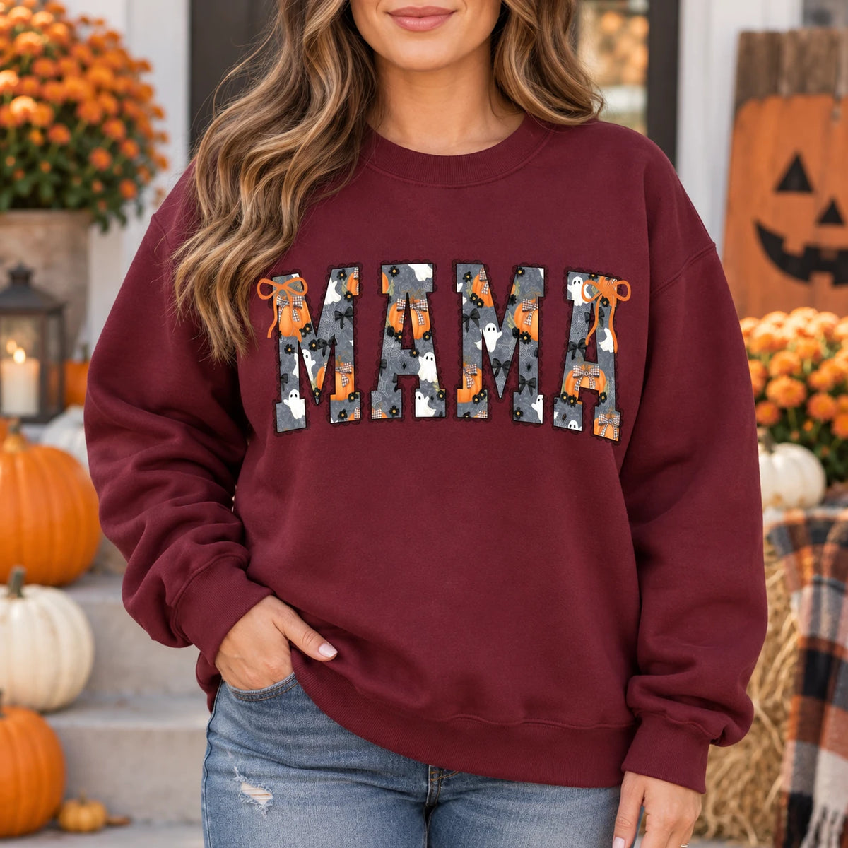 Personalized Halloween Mama Sweatshirt, Custom Choose Your Title Gigi Mimi Nana, Spooky Ghost Pumpkin Fall Gift for Women
