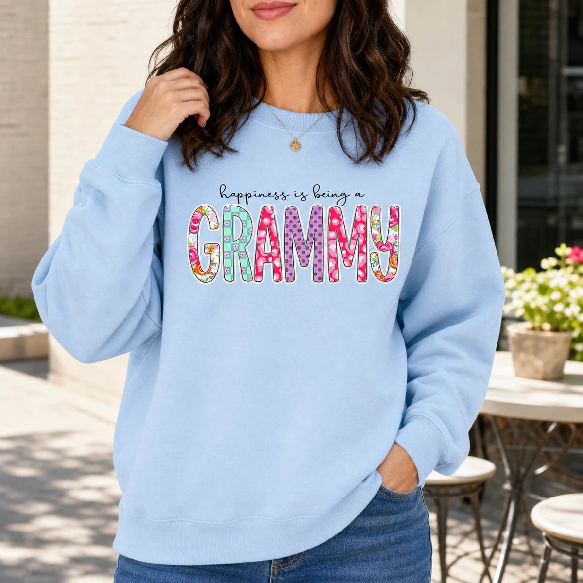 Personalized Happiness Is Being a Grammy Sweatshirt in Light Blue, Custom Choose Your Family Title, Floral Patchwork Letters, Birthday Gift
