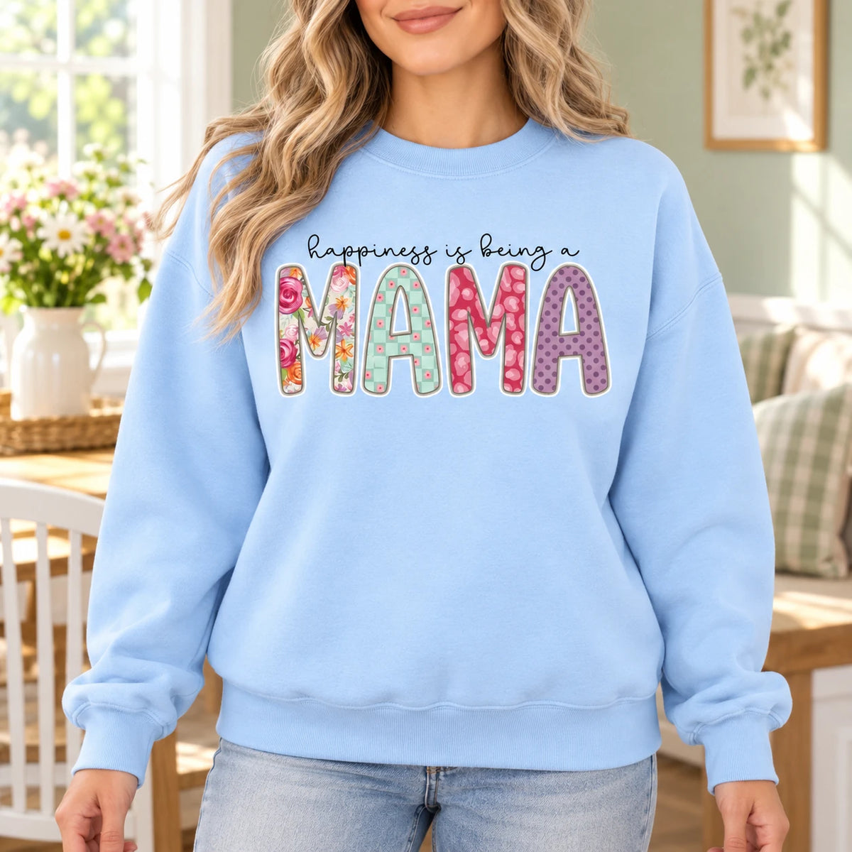 Personalized Happiness Is Being a Grammy Sweatshirt in Light Blue, Custom Choose Your Family Title, Floral Patchwork Letters, Birthday Gift