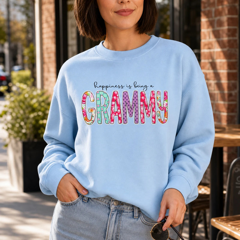 Personalized Happiness Is Being a Grammy Sweatshirt in Light Blue, Custom Choose Your Family Title, Floral Patchwork Letters, Birthday Gift