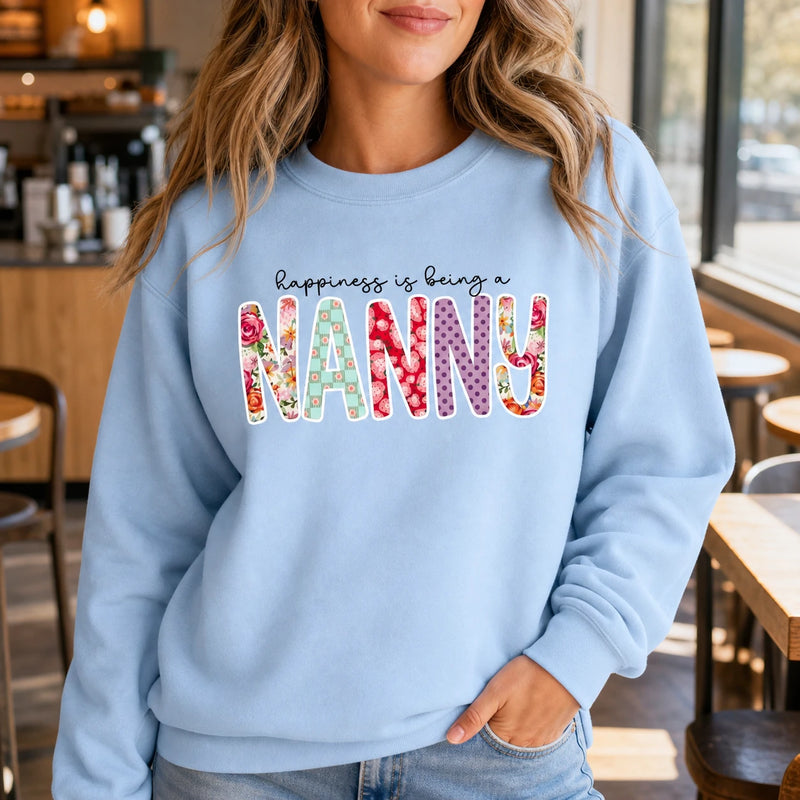 Personalized Happiness Is Being a Grammy Sweatshirt in Light Blue, Custom Choose Your Family Title, Floral Patchwork Letters, Birthday Gift
