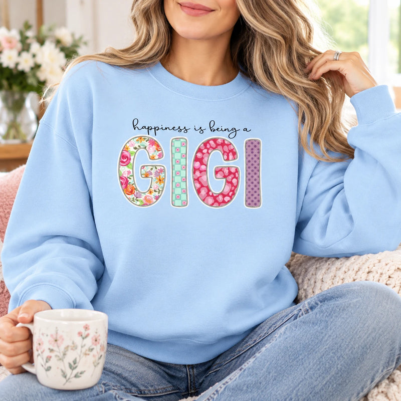 Personalized Happiness Is Being a Grammy Sweatshirt in Light Blue, Custom Choose Your Family Title, Floral Patchwork Letters, Birthday Gift