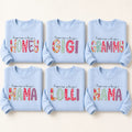 Personalized Happiness Is Being a Grammy Sweatshirt in Light Blue, Custom Choose Your Family Title, Floral Patchwork Letters, Birthday Gift
