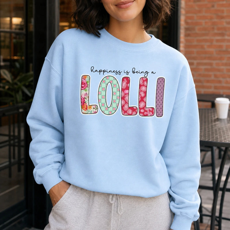 Personalized Happiness Is Being a Grammy Sweatshirt in Light Blue, Custom Choose Your Family Title, Floral Patchwork Letters, Birthday Gift