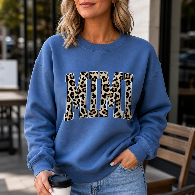 Personalized Leopard Print Mama Sweatshirt, Custom Name Mom Grandma Nana Mimi Gigi Auntie, Mother's Day Gift, Women, Retro Varsity Cheetah Design