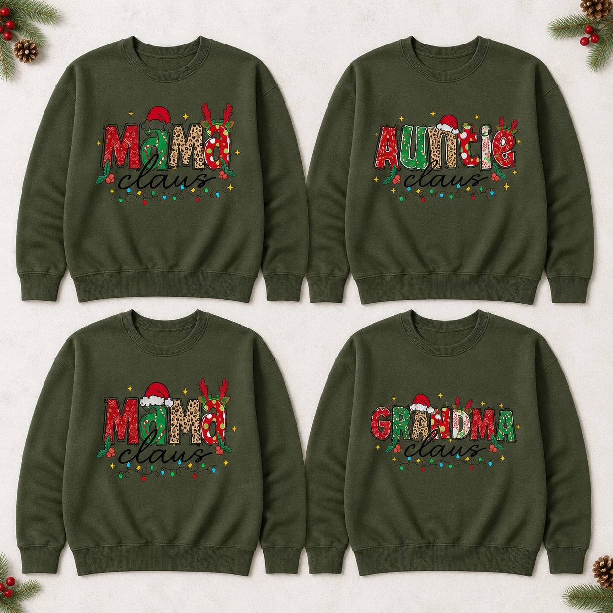 Personalized Mama Claus Sweatshirt, Custom Family Name Christmas Crewneck, Mom Grandma Auntie Holiday Gift