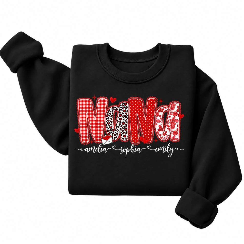 Personalized Mama Grandma Sweatshirt, Custom Family Title & Kids Names, Retro Valentine Hearts, Mother's Day Gift for Mom, Nana, Mimi, Gigi or Aunt