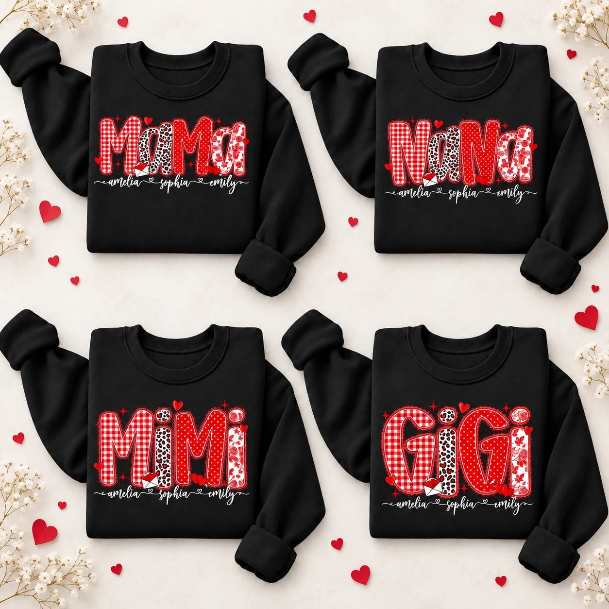 Personalized Mama Grandma Sweatshirt with Kids Names, Custom Nana Mimi Gigi or Aunt Title, Retro Checkered Leopard Hearts, Mother's Day Gift