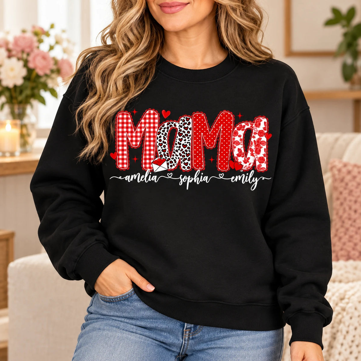 Personalized Mama Grandma Sweatshirt with Kids Names, Custom Nana Mimi Gigi or Aunt Title, Retro Checkered Leopard Hearts, Mother's Day Gift