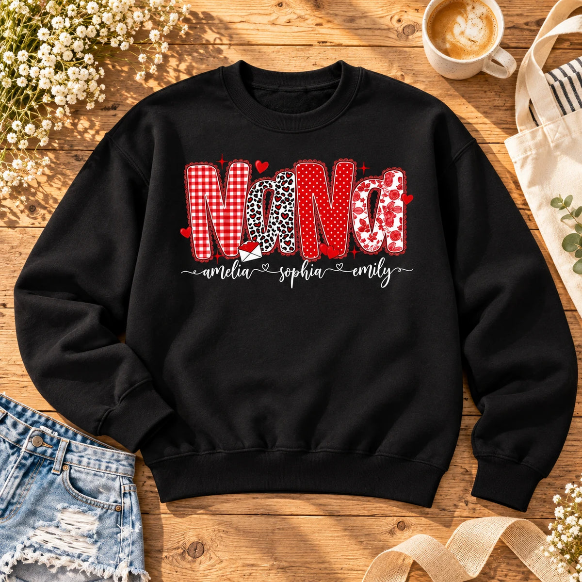Personalized Mama Grandma Sweatshirt with Kids Names, Custom Nana Mimi Gigi or Aunt Title, Retro Checkered Leopard Hearts, Mother's Day Gift