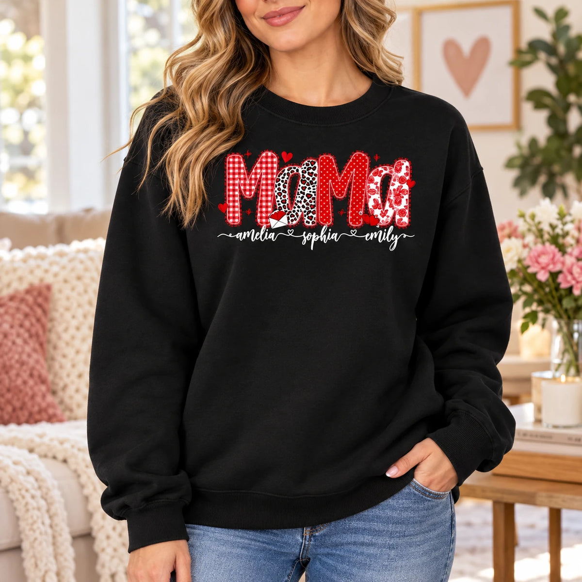 Personalized Mama Grandma Sweatshirt with Kids Names, Custom Nana Mimi Gigi or Aunt Title, Retro Checkered Leopard Hearts, Mother's Day Gift