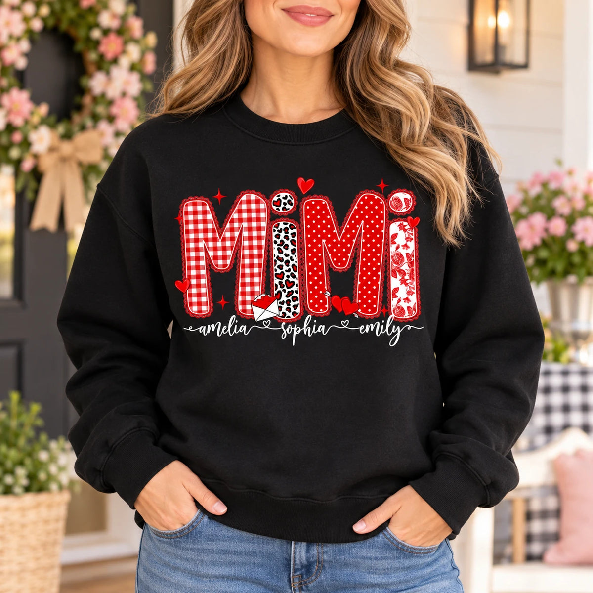 Personalized Mama Grandma Sweatshirt with Kids Names, Custom Nana Mimi Gigi or Aunt Title, Retro Checkered Leopard Hearts, Mother's Day Gift