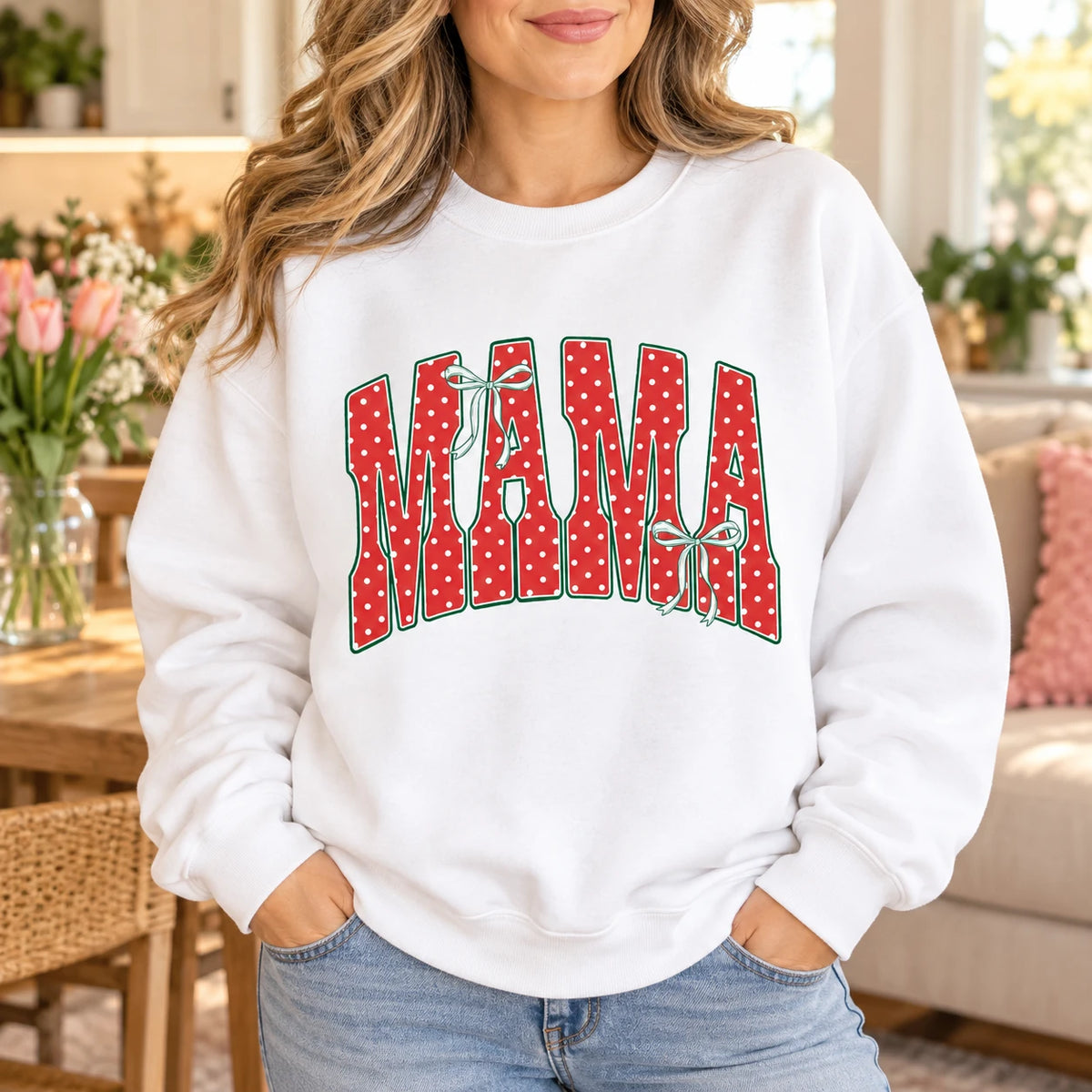 Personalized Mama Nana Sweatshirt, Custom Family Title Coquette Bow, Mom Grandma Gift