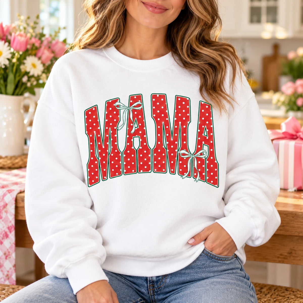 Personalized Mama Nana Sweatshirt, Custom Family Title Coquette Bow, Mom Grandma Gift