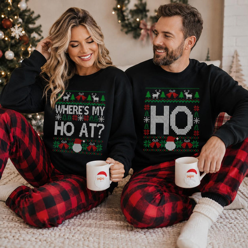 Personalized Matching Christmas Design Sweatshirt, Custom Choose Your Ho or Where's My Ho At Variant, Funny Couples Holiday Gift