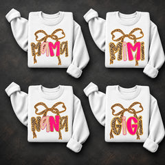 Personalized Mom Grandma Auntie Title Leopard Coquette Bow Sweatshirt, Retro Pink Mother’s Day Gift