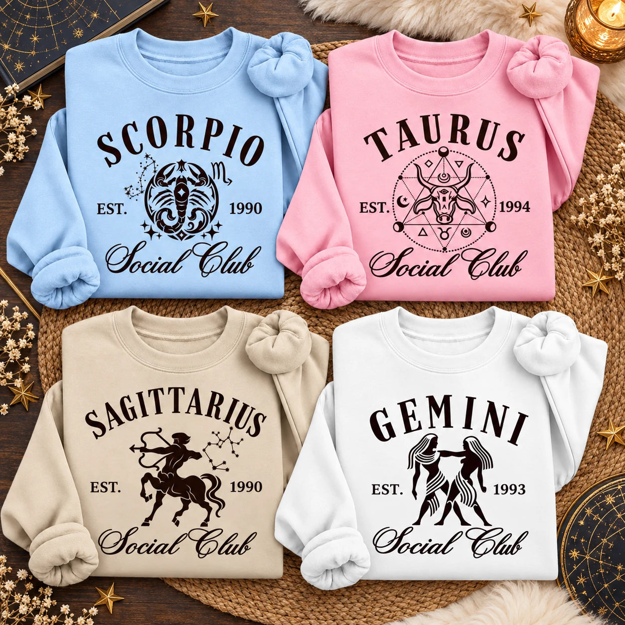 Personalized Vintage Zodiac Social Club Sweatshirt, Custom EST Birth Year or No EST, Retro Celestial Astrology Birthday Gift