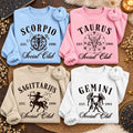 Personalized Zodiac Social Club Sweatshirt, Vintage Star Sign Emblem with Optional EST Year, Astrology Birthday Gift