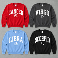 Personalized Zodiac Sweatshirt, 12 Horoscope Signs, Retro Varsity Astrology, Celestial Birthday Gift